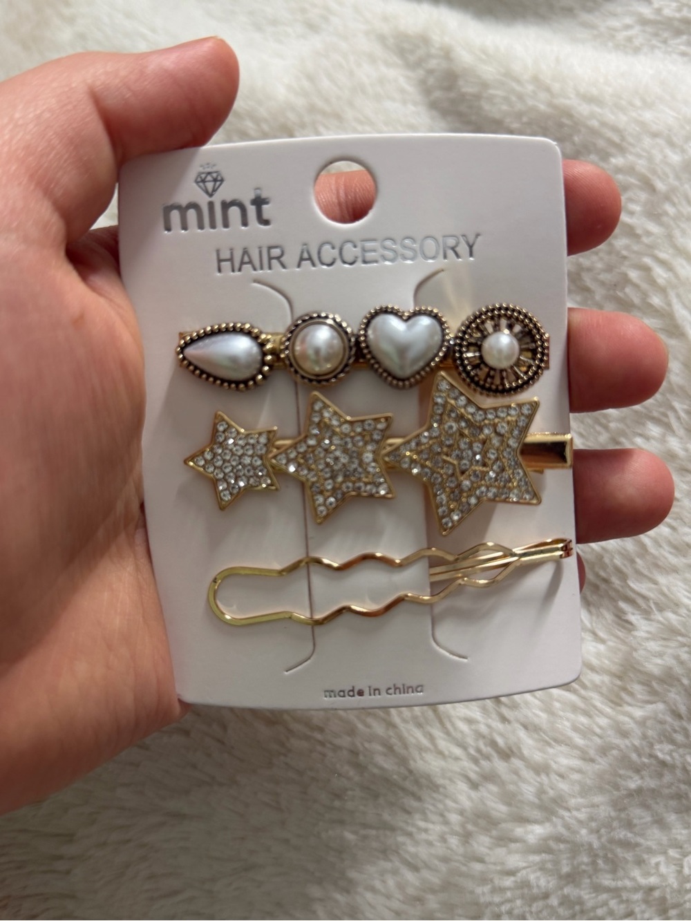 Mint Gold Pearl & Rhinestone Star Hair Clip Set